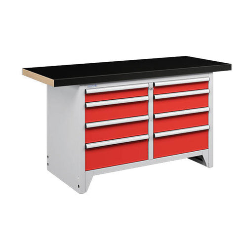 Polstore Modular Workbench 8 Draws - Multiplex Worktop With Rubber Cover - Light Grey/Red - 1500mm (W) x 750mm (D)