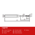 Widin Carbide Rib Processing End Mill - 2 Flute Ball Nose (ESRB71200101) - 0.1mm x1mm (4mm Shank Dia) thumbnail 2