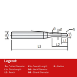 Vortex Long Neck Ball Nose 2 Flute Carbide End Mill - TiSiN Coated - 0.5mm Cutter Dia x 2mm Reach