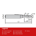 Vortex Long Neck Ball Nose 2 Flute Carbide End Mill - TiSiN Coated - 0.2mm Cutter Dia x 1mm Reach thumbnail 2