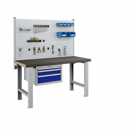 Polstore Workbench Combo - 3 Draws & 3 Panels Multiplex Top - Rubber Cover - Light Grey/Dark Blue - 1500mm(w) x 750mm(d)
