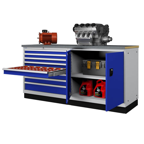 Polstore Workbench with 8 draw cabinet & 1 hinged door cabinet - Light Grey/Dark Blue - 2050mm (w) x 908mm (h)