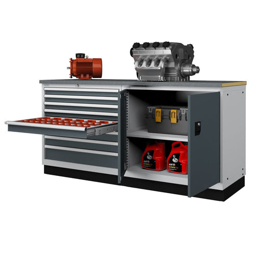 Polstore Workbench with 8 draw cabinet & 1 hinged door cabinet - Light Grey/Dark Grey - 2050mm (w) x 908mm (h)