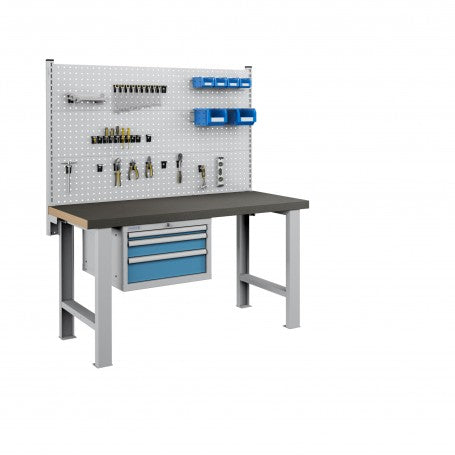 Polstore Workbench Combo - 3 Draws & 3 Panels Multiplex Top - Rubber Cover - Light Grey/Light Blue - 1500mm(w) x 750mm(d)