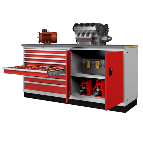 Polstore Workbench with 8 draw cabinet & 1 hinged door cabinet - Light Grey/Red - 2050mm (w) x 908mm (h)