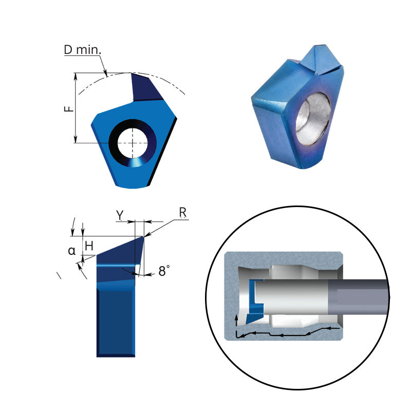 Carmex Small Indexable Carbide Insert Boring, Profiling & Facing - 22° T10 - 12.9mm Min Bore x R0.1
