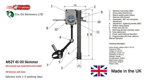 Complete Oil Skimmer with integrated timer MS2T 45mm belt width