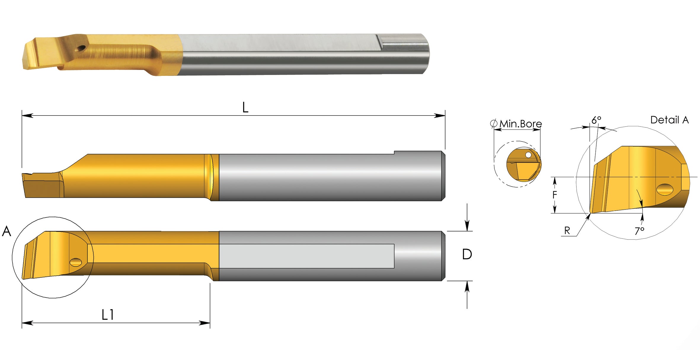 Carmex Carbide Tiny Tool - Boring Bar - MTR - BXC Grade - 6.1mm Minimum Diameter x 22mm Reach x R0.2