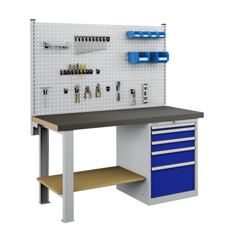 Polstore Workbench Combo - 5 Draws & 3 Panels Multiplex Top - Rubber C ...