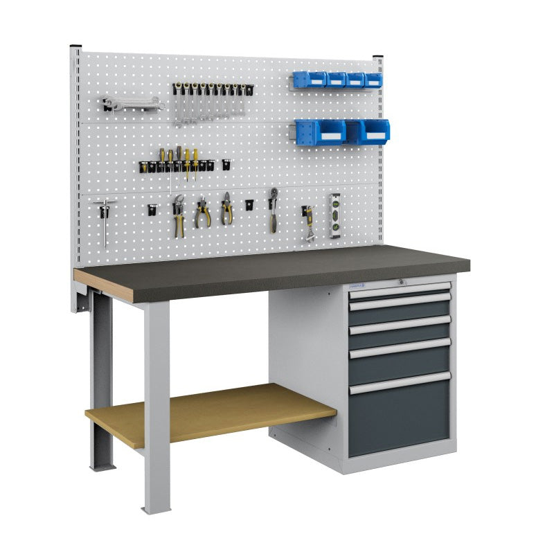 Polstore Workbench Combo - 5 Draws & 3 Panels Multiplex Top - Rubber C ...