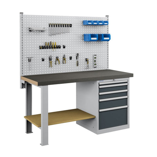 Polstore Workbench Combo - 5 Draws & 3 Panels Multiplex Top - Rubber Cover - Light Grey/Dark Grey - 1500mm(w) x 750mm(d)