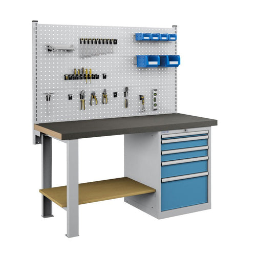 Polstore Workbench Combo - 5 Draws & 3 Panels Multiplex Top - Rubber Cover - Light Grey/Light Blue - 1500mm(w) x 750mm(d)