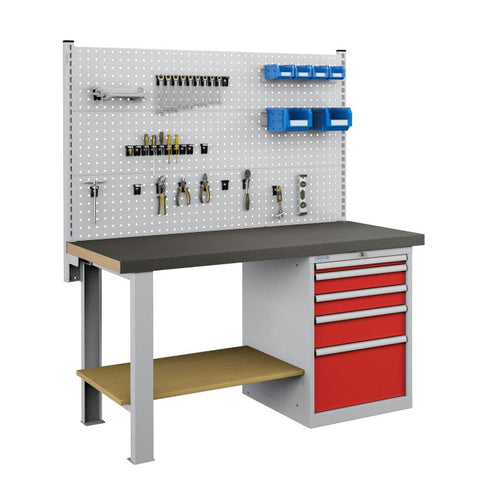 Polstore Workbench Combo - 5 Draws & 3 Panels Multiplex Top - Rubber Cover - Light Grey/Red - 1500mm(w) x 750mm(d)
