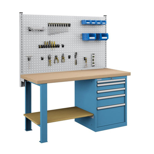 Polstore Workbench Combo - 5 Draws & 3 Panels Multiplex Top - Light Blue - 1500mm(w) x 750mm(d)