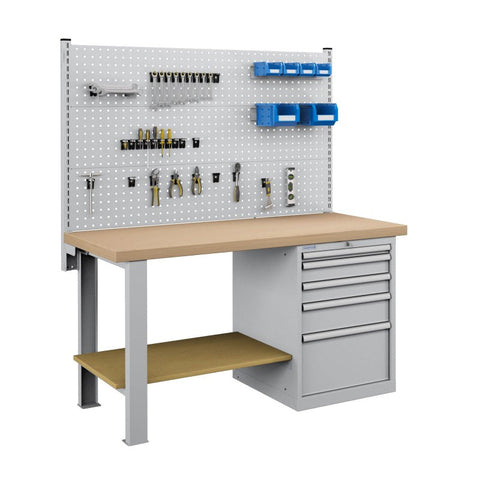 Polstore Workbench Combo - 5 Draws & 3 Panels Multiplex Top - Light Grey - 1500mm(w) x 750mm(d)