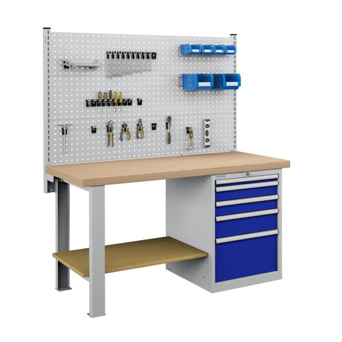 Polstore Workbench Combo - 5 Draws & 3 Panels Multiplex Top - Light Grey/Dark Blue - 1500mm(w) x 750mm(d)