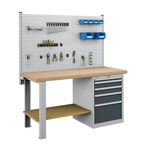 Polstore Workbench Combo - 5 Draws & 3 Panels Multiplex Top - Light Grey/Dark Grey - 1500mm(w) x 750mm(d)