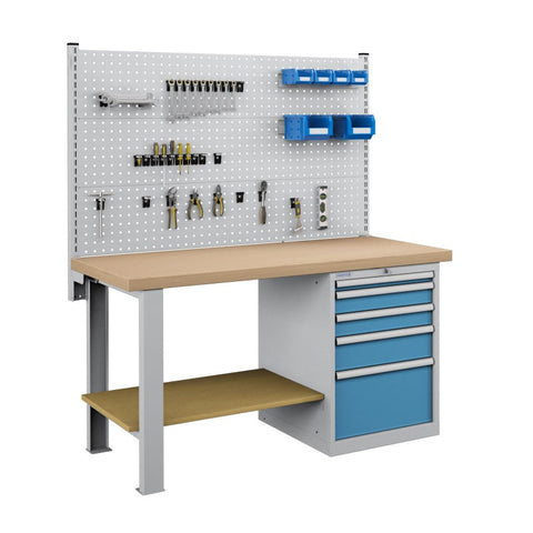 Polstore Workbench Combo - 5 Draws & 3 Panels Multiplex Top - Light Grey/Light Blue - 1500mm(w) x 750mm(d)