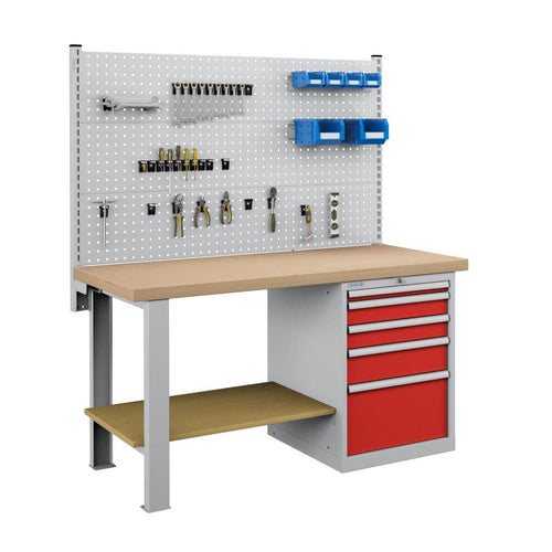 Polstore Workbench Combo - 5 Draws & 3 Panels Multiplex Top - Light Grey/Red - 1500mm(w) x 750mm(d)