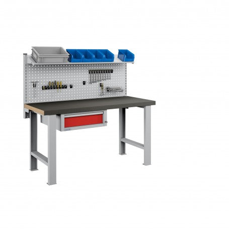 Polstore Workbench Combo - 1 Draw, 2 Panels & 1 Shelf Multiplex - Rubber Cover - Light Grey/Red - 1500mm(w) x 750mm(d)