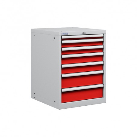 Polstore Cabinets - 7 Drawers 27x36EH - 100% Extension - Light Grey/Red - 564mm(W) x 725mm(D) x 800mm(H)