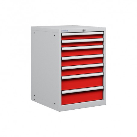 Polstore Cabinet - 7 Drawers 27x36EH - 100% Extension - Light Grey/Red - 564mm(W) x 725mm(D) x 850mm(H)