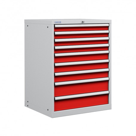 Polstore Cabinet - 9 Drawers 36x36EH - 100% Extension - Light Grey/Red - 717mm(W) x 725mm(D) x 1000mm(H)