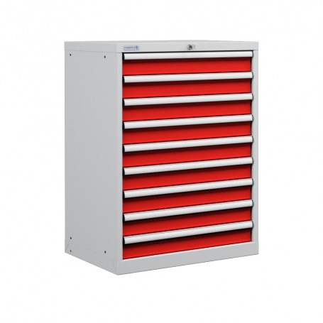 Polstore Cabinet - 9 Drawers 36x36EH (9x100mm) - 90% Extension - Light Grey/Red - 717mm(W) x 725mm(D) x 1000mm(H)