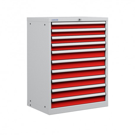 Polstore Cabinet - 10 Drawers 36x27EH - 100% Extension - Light Grey/Red - 717mm(W) x 572mm(D) x 1000mm(H)