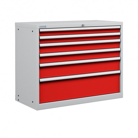 Polstore Cabinet - 6 Drawers 54x27EH - 100% Extension - Light Grey/Red - 1023mm(W) x 572mm(D) x 850mm(H)