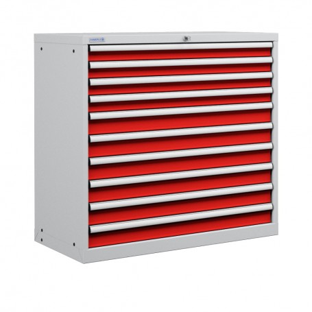 Polstore Cabinet - 10 Drawers 54x36EH - 100% Extension - Light Grey/Red - 1023mm(W) x 725mm(D) x 1000mm(H)