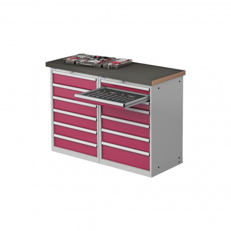 Polstore Workstation - 13 Drawers 36x27EH - 100% Extension - Light Grey/Red - 1500mm(W) x 600mm(D) x 1040mm(H)